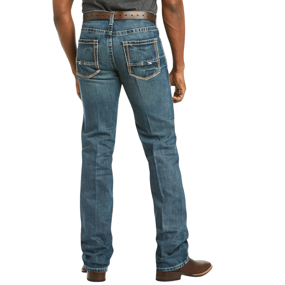 Men's slim fit straight leg jean in medium wash 13 oz. cotton denim with hand-sanding, whiskering, and embroidered back pockets — Blair's Western Wear Marble Falls TX