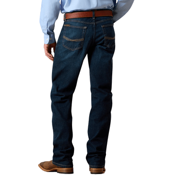 Men's dark wash slim straight leg stretch denim jean with low rise, hand sanding, and stackable straight leg — Blair's Western Wear Marble Falls TX