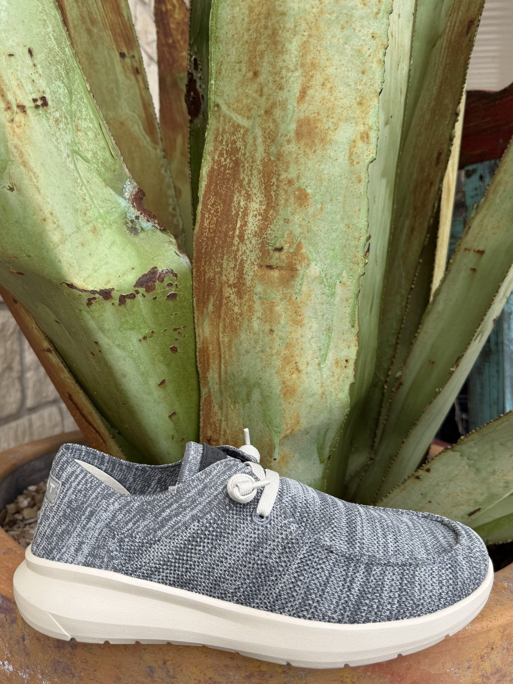 Men’s medium grey knit casual shoe with soft lining, elastic laces, and cushioned insole — Blair’s Western Wear Marble Falls TX