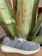 Men’s medium grey knit casual shoe with soft lining, elastic laces, and cushioned insole — Blair’s Western Wear Marble Falls TX