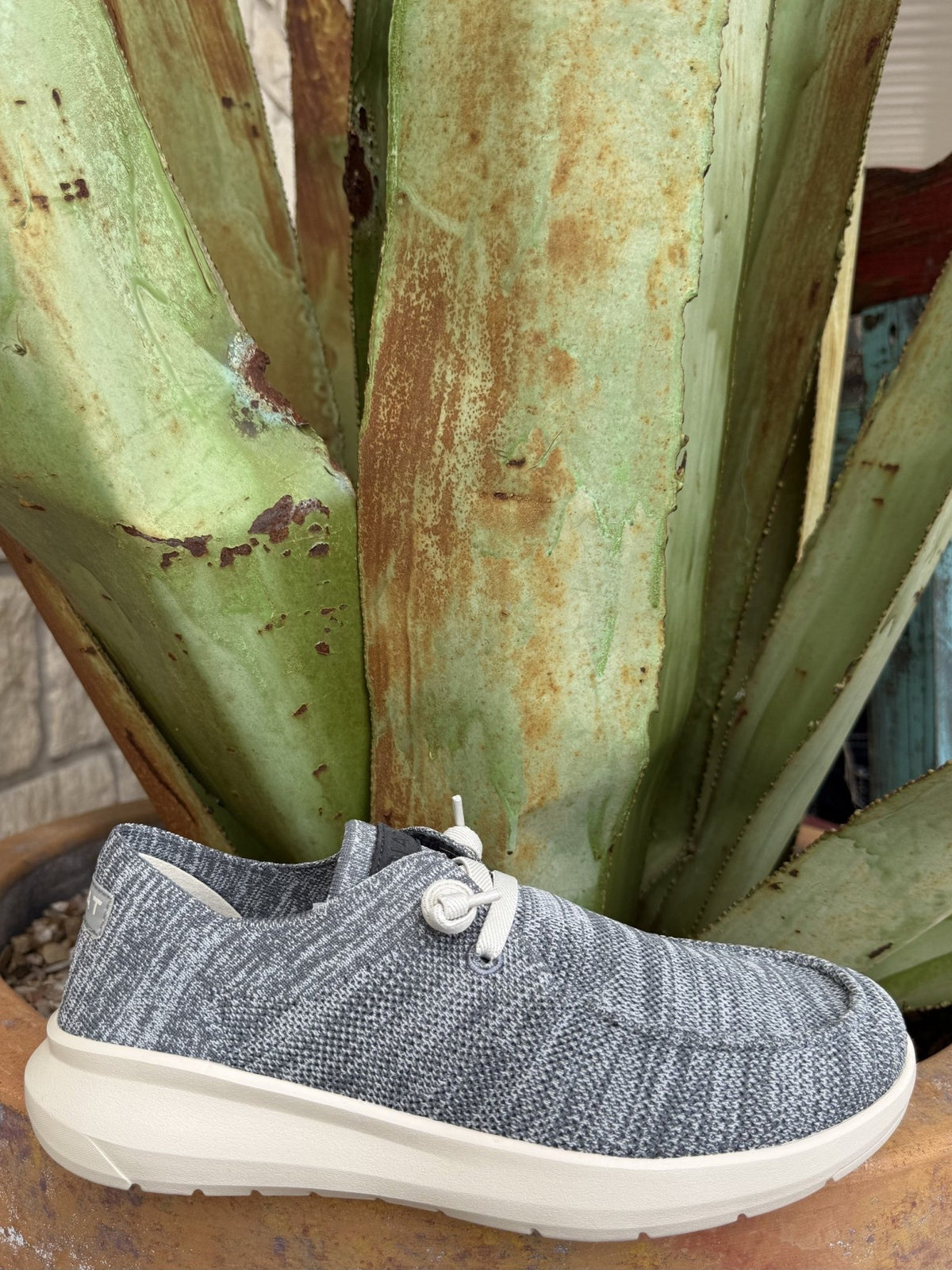 Men’s medium grey knit casual shoe with soft lining, elastic laces, and cushioned insole — Blair’s Western Wear Marble Falls TX