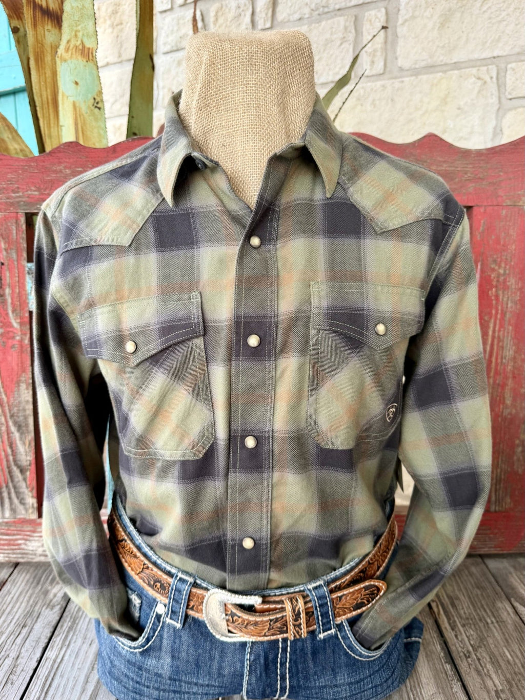 Men's olive and black plaid long-sleeve shirt with pearl-style snaps, pointed collar, Western yokes and two flap pockets — Blair's Western Wear Marble Falls TX