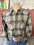 Men's olive and black plaid long-sleeve shirt with pearl-style snaps, pointed collar, Western yokes and two flap pockets — Blair's Western Wear Marble Falls TX