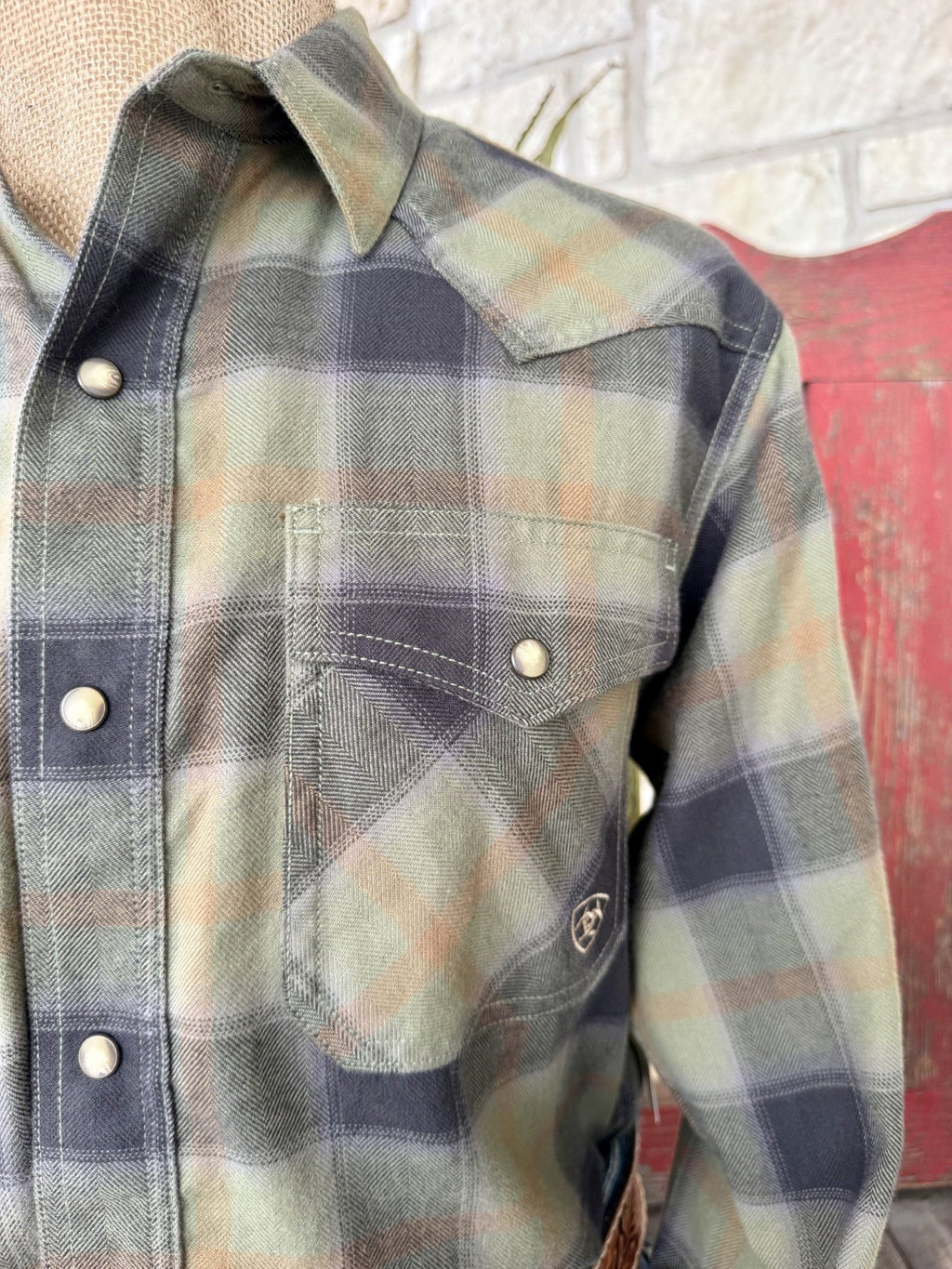 Men's Ariat Olive & Black Plaid Snap Western Shirt