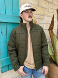 Men's olive insulated jacket with rectangular quilting, stand collar, full front zipper and long sleeves — Blair's Western Wear Marble Falls TX