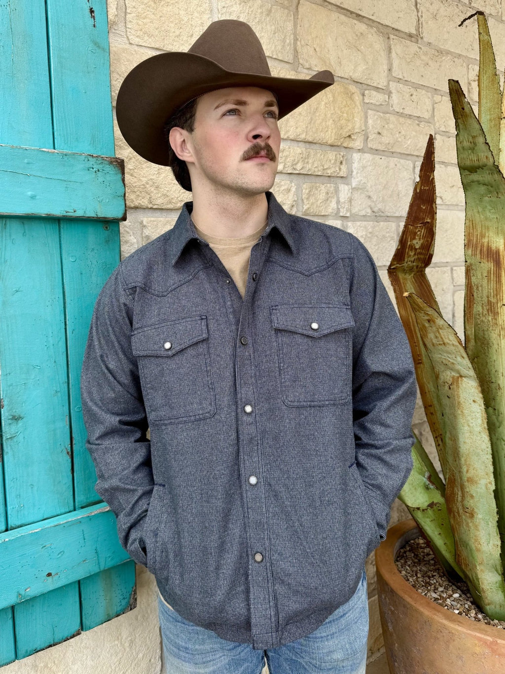 Men's Inkwell blue-gray textured shacket with pointed collar, Western shoulder yokes, snap-front closure, two snap-flap chest pockets, side pockets, and long sleeves — Blair's Western Wear Marble Falls TX