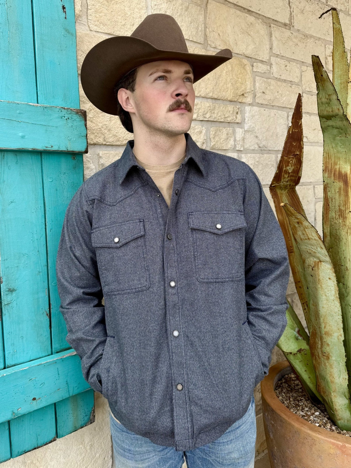 Men's Inkwell blue-gray textured shacket with pointed collar, Western shoulder yokes, snap-front closure, two snap-flap chest pockets, side pockets, and long sleeves — Blair's Western Wear Marble Falls TX