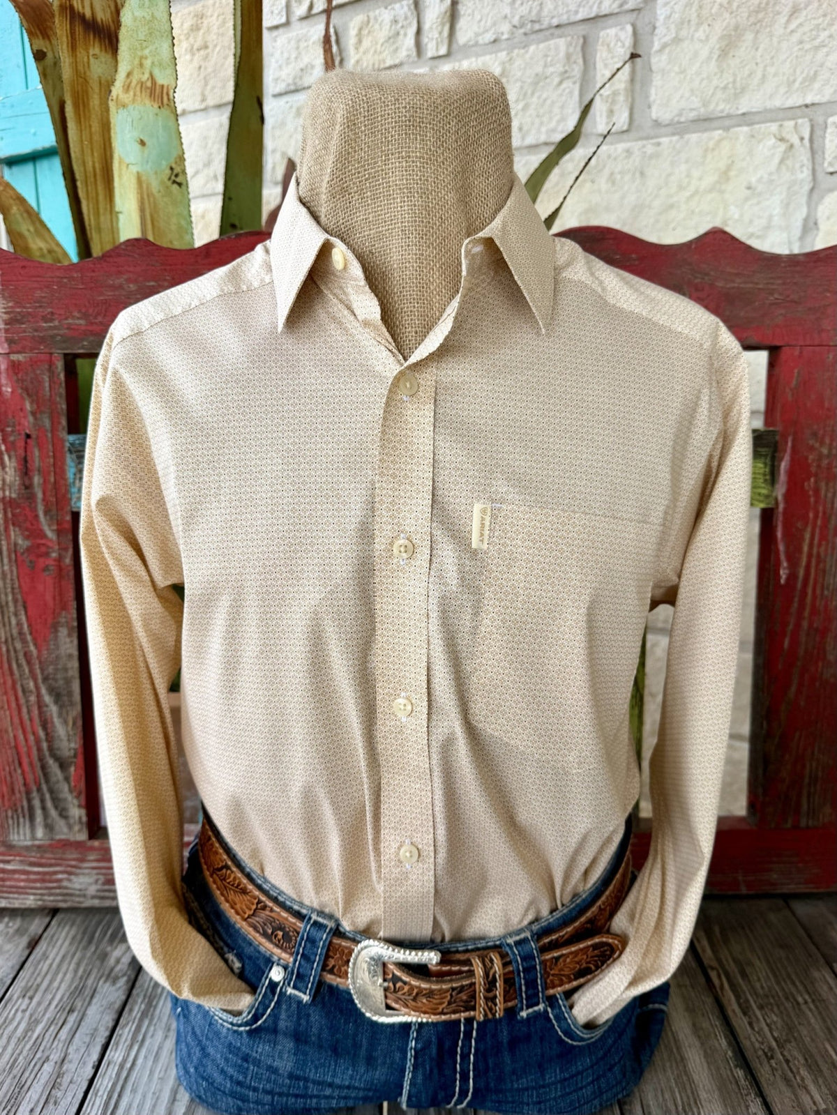  Men's tan long-sleeve shirt with fine geometric microprint, pointed collar, light button front and single chest pocket — Blair's Western Wear Marble Falls TX