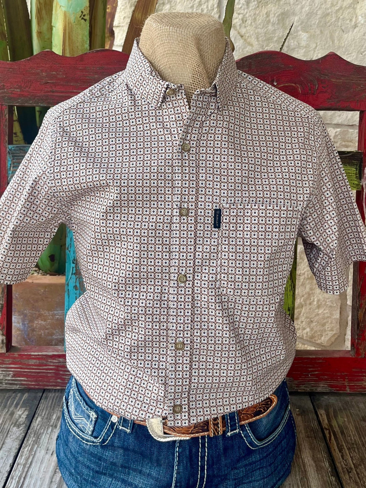 Men’s Ariat Shirt Short Sleeve Button-Up in Tan, Lightweight cotton fabric for warm weather comfort, with modern slim fit for a clean silhouette – 10058982. Available at Blair's Western Wear, Marble Falls, TX.