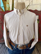 Men's tan and white fine-check long-sleeve shirt with button-down collar, light front buttons and embroidered chest pocket — Blair's Western Wear Marble Falls TX