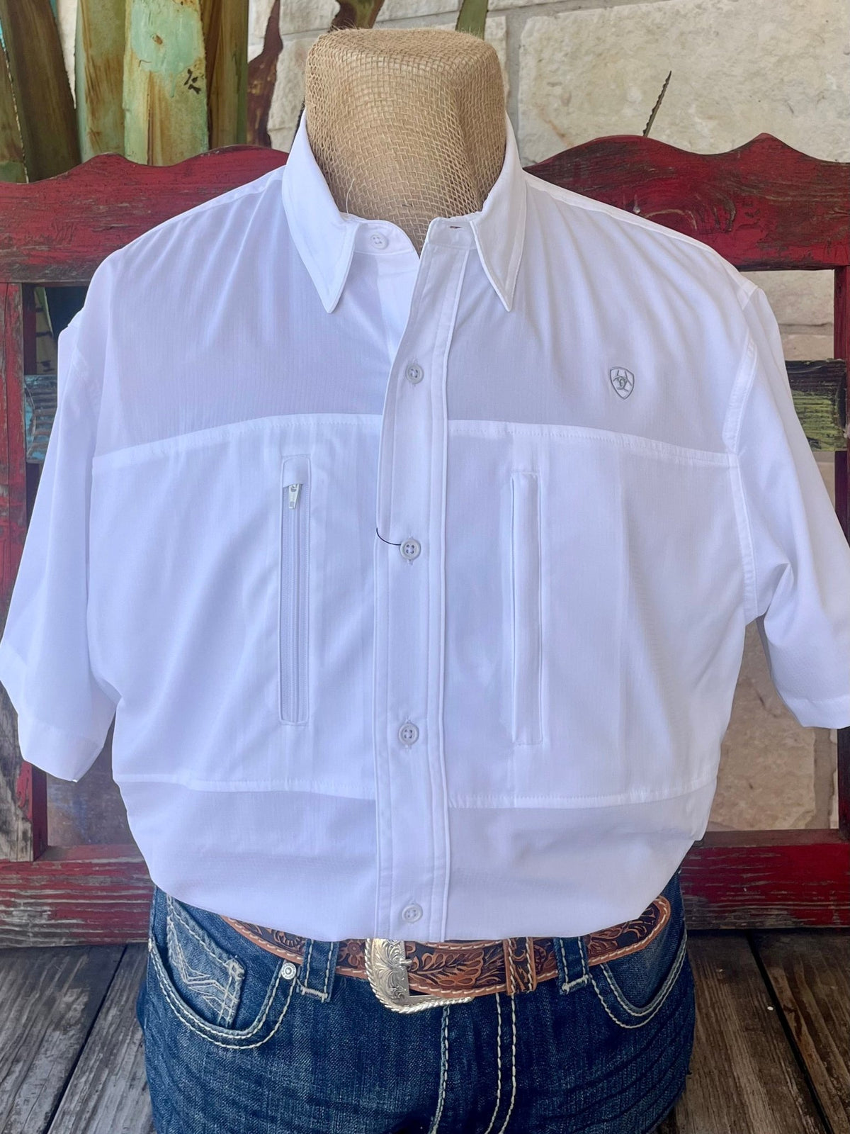 Men’s Ariat Shirt White VentTEK Classic Short Sleeve Shirt, moisture-wicking fabric with mesh paneling for breathability - 10034962. Available at Blair's Western Wear, Marble Falls, TX.