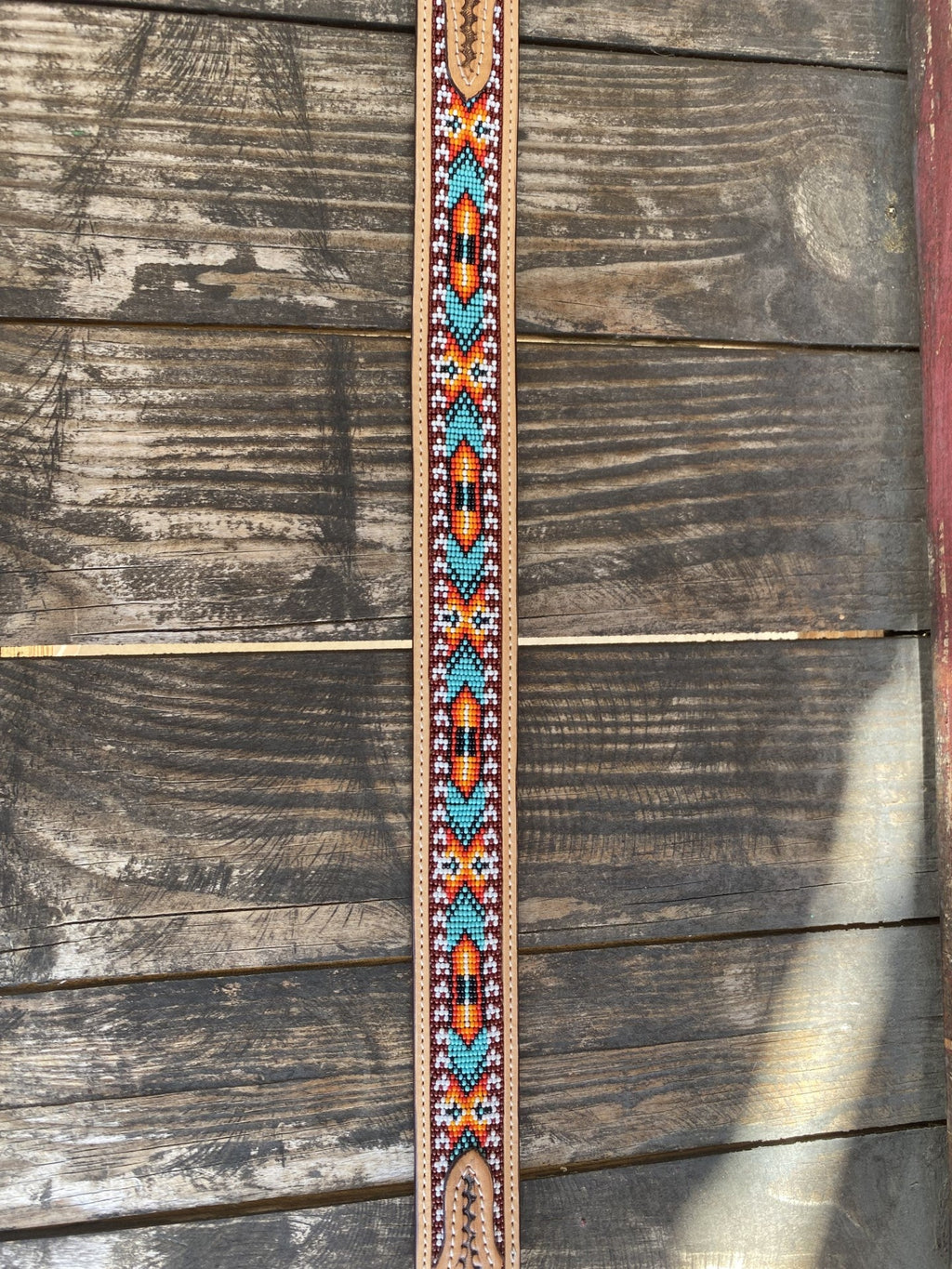Men's Aztec Beaded Basket Weave Tooled Leather Belt
