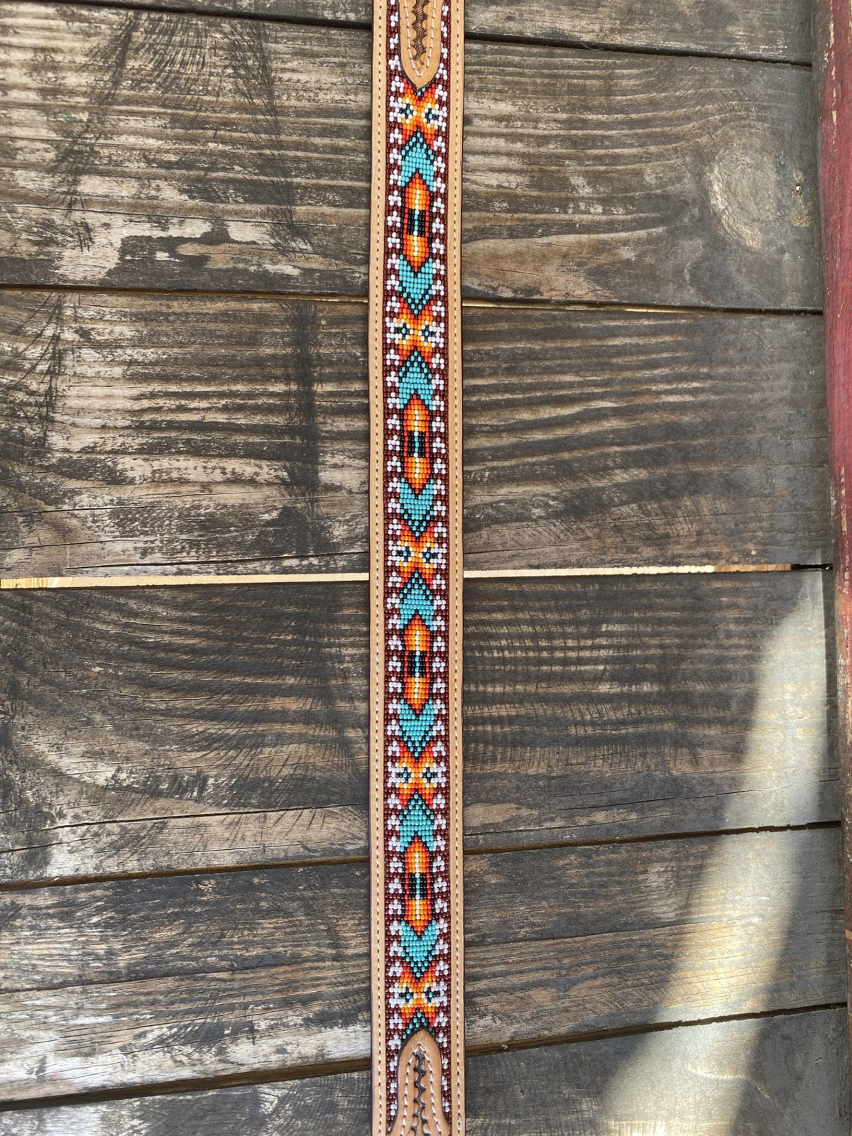 Men's Aztec Beaded Basket Weave Tooled Leather Belt