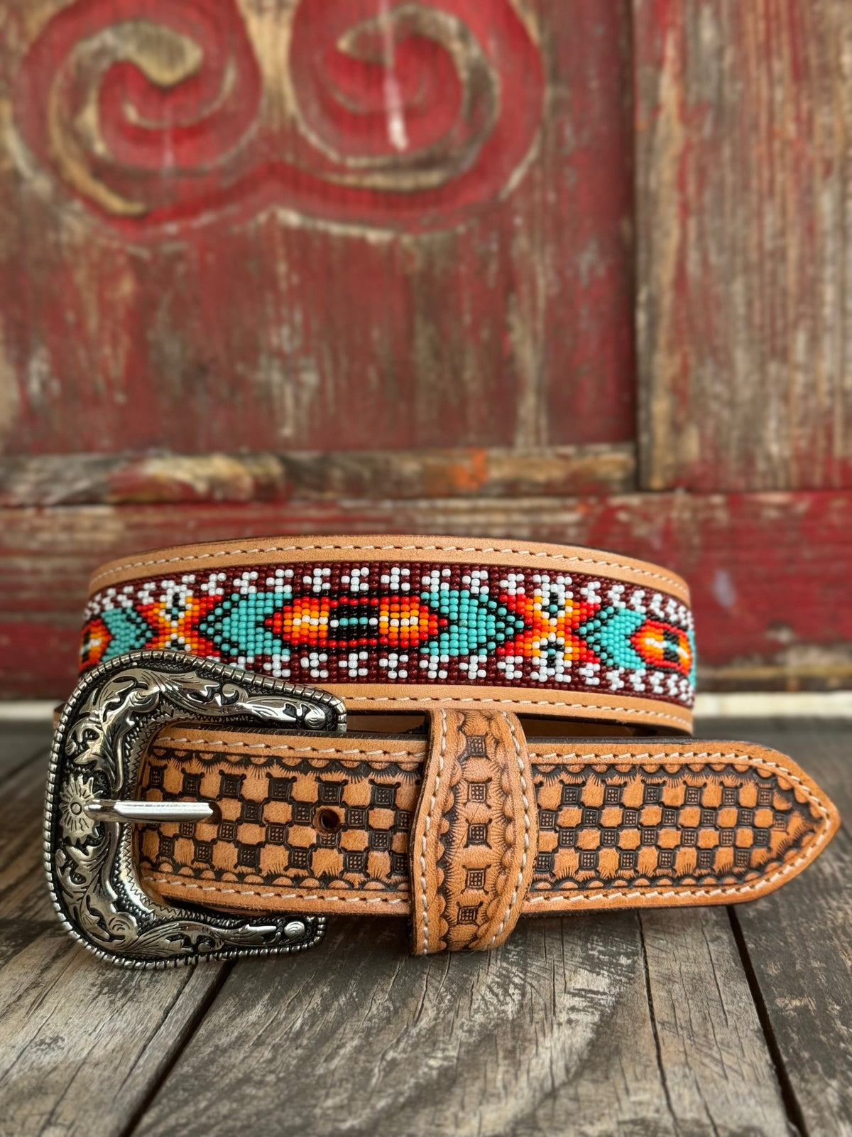 Men's Aztec Beaded Basket Weave Tooled Leather Belt