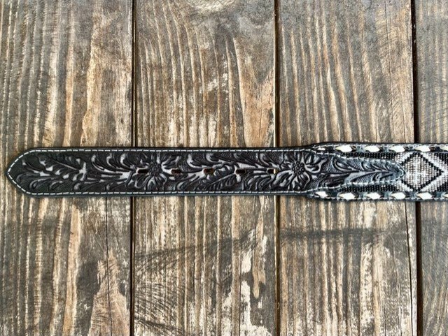 Men's Aztec Beaded Black Tooled Leather Belt