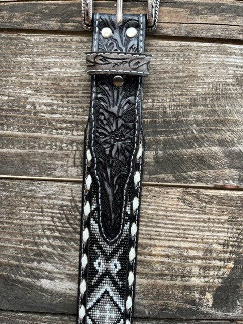 Men's Aztec Beaded Black Tooled Leather Belt