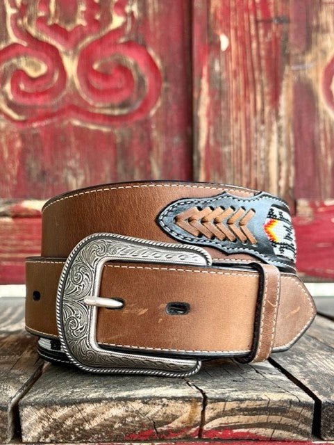 Men's Aztec Beaded Braided Accent Leather Belt