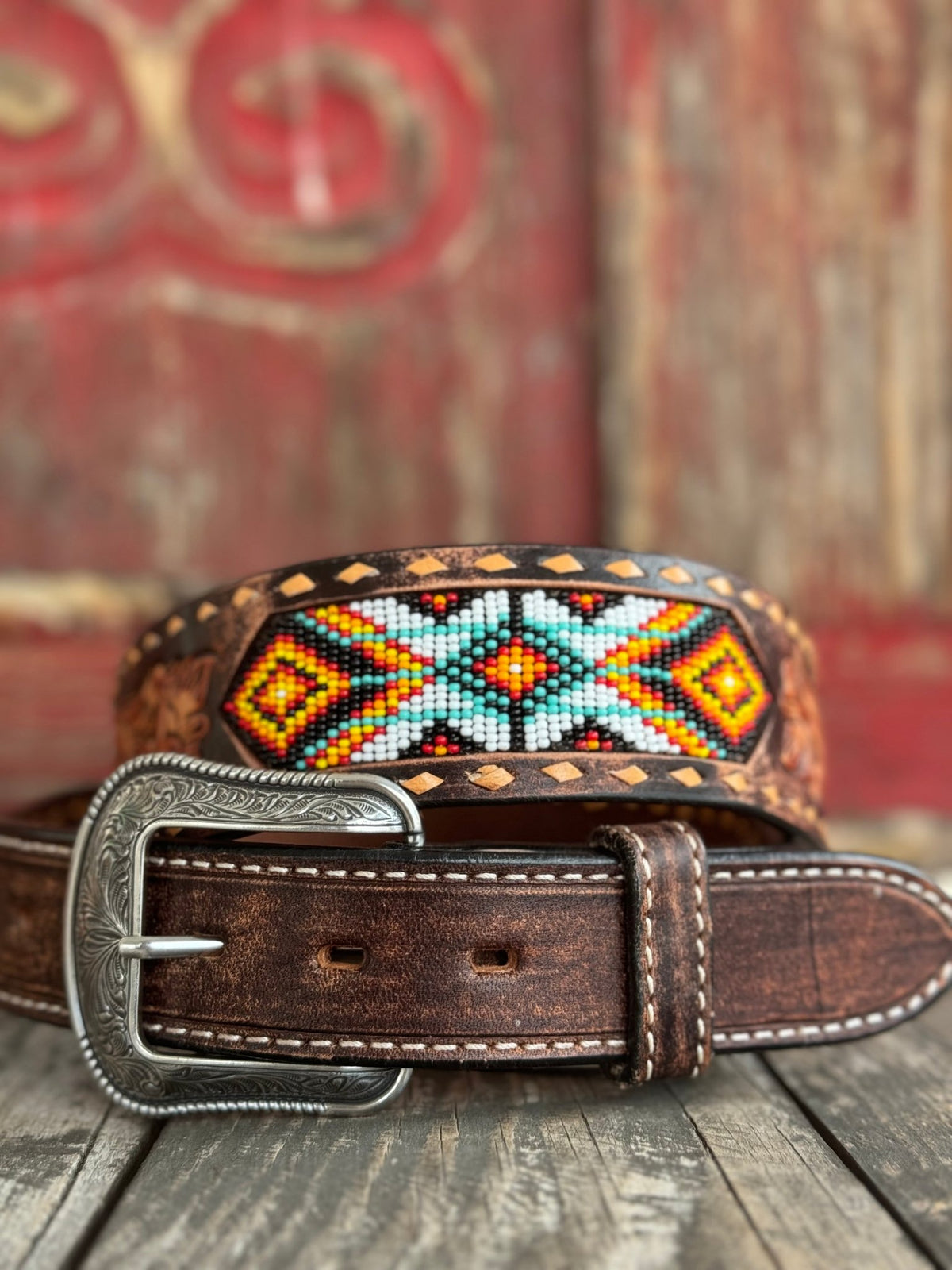Men's Aztec Beaded Tooled Leather Belt