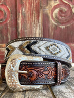 Men's Aztec Beaded Tooled Leather Belt