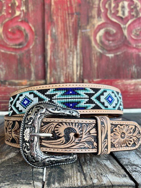 Men's Aztec Beaded Tooled Leather Belt