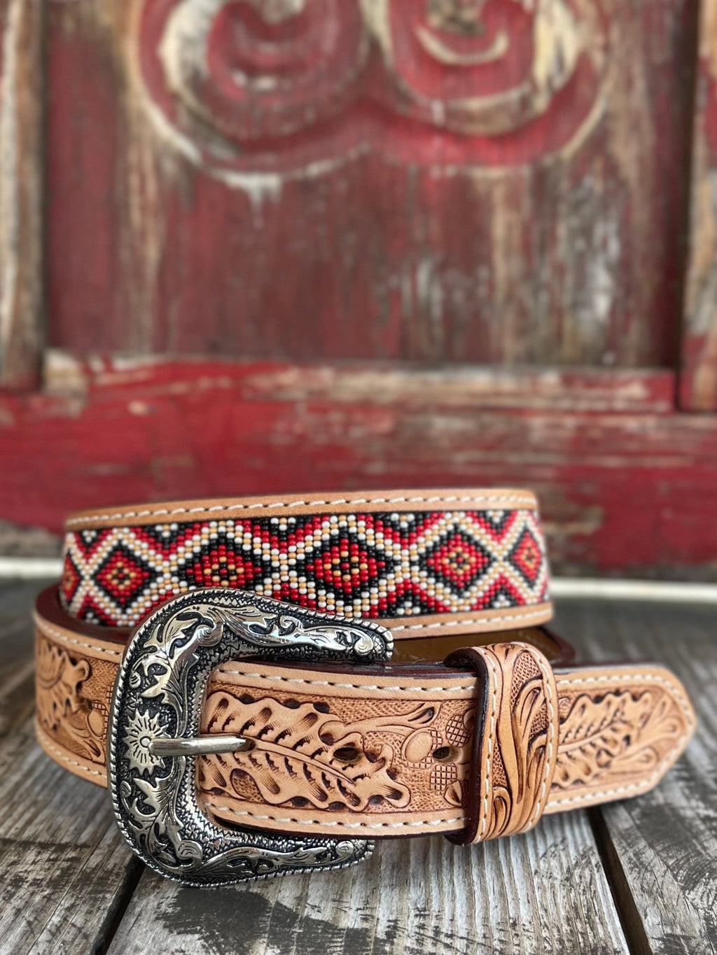 Men's Aztec Beaded Tooled Leather Belt