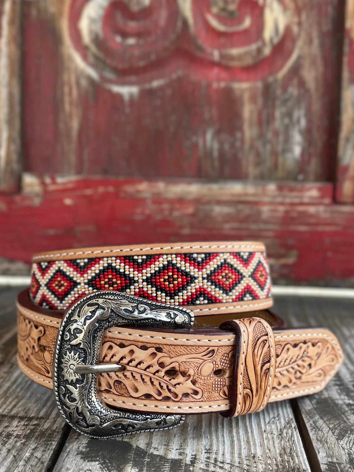 Men's Aztec Beaded Tooled Leather Belt