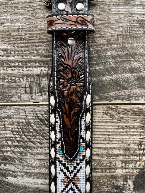 Men's Aztec Beaded Tooled Leather Belt