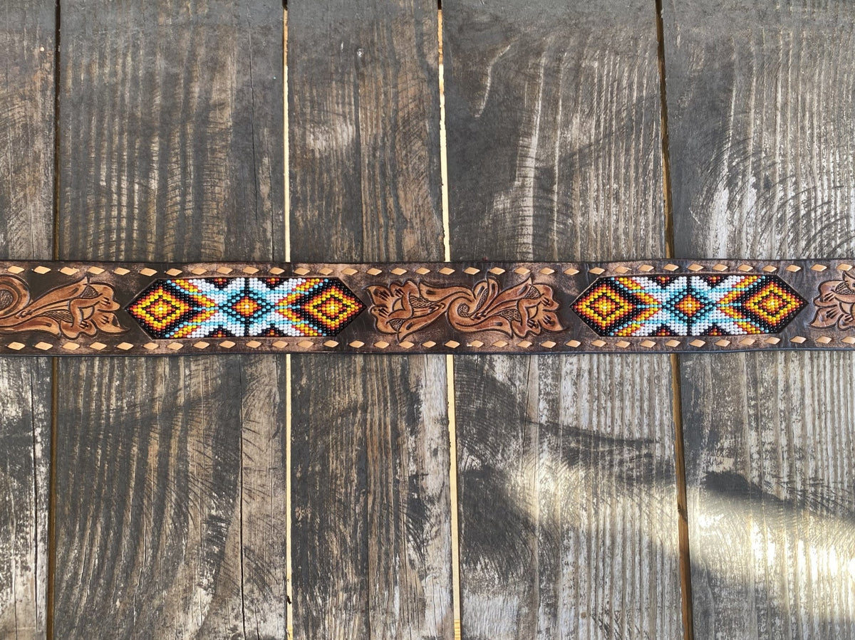 Men's Aztec Beaded Tooled Leather Belt