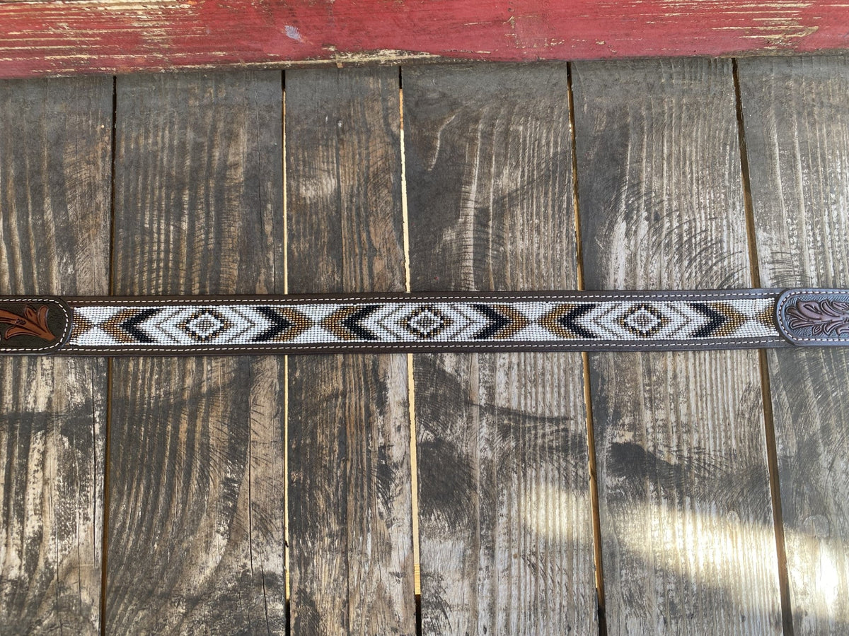 Men's Aztec Beaded Tooled Leather Belt