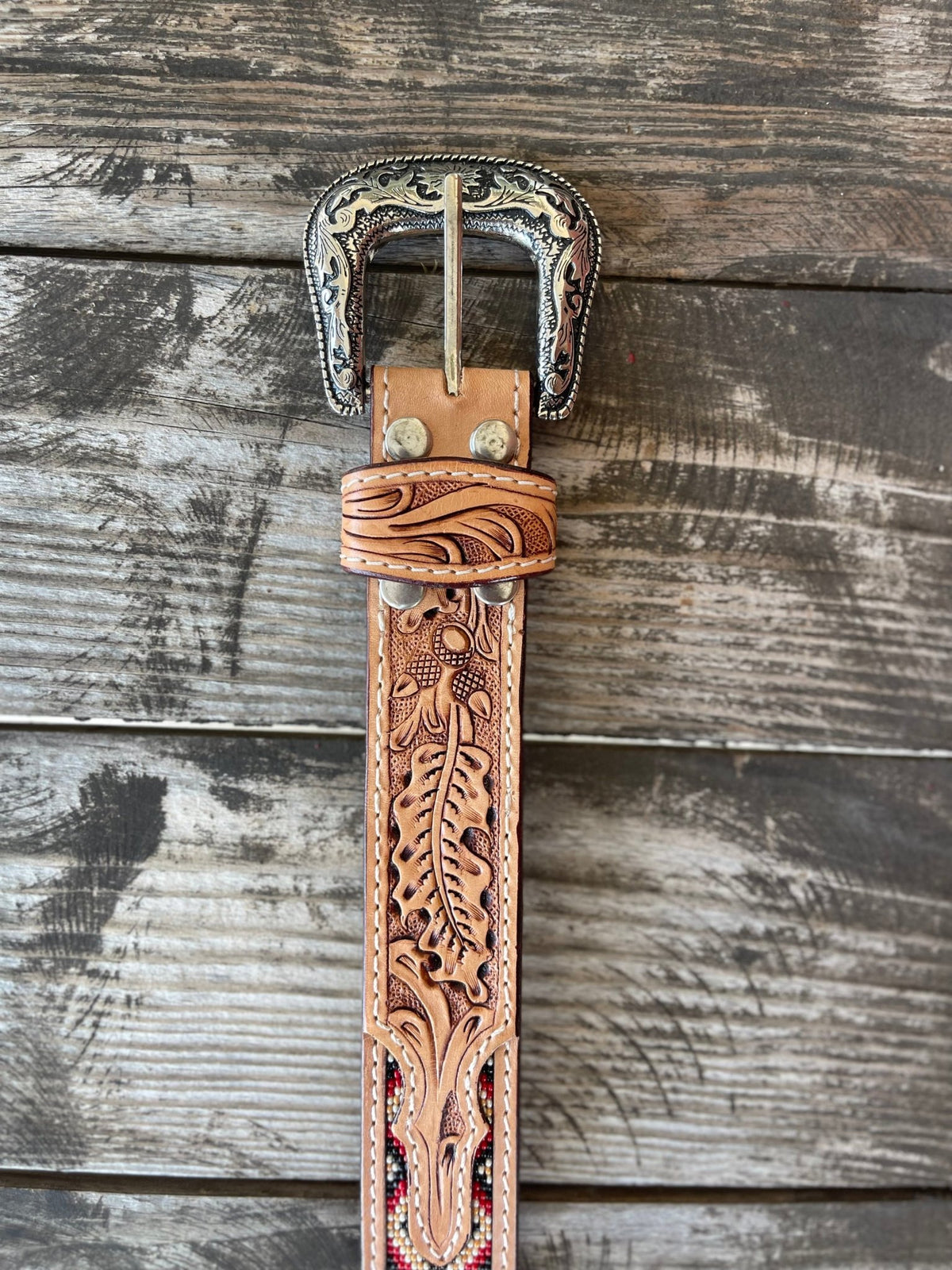 Men's Aztec Beaded Tooled Leather Belt