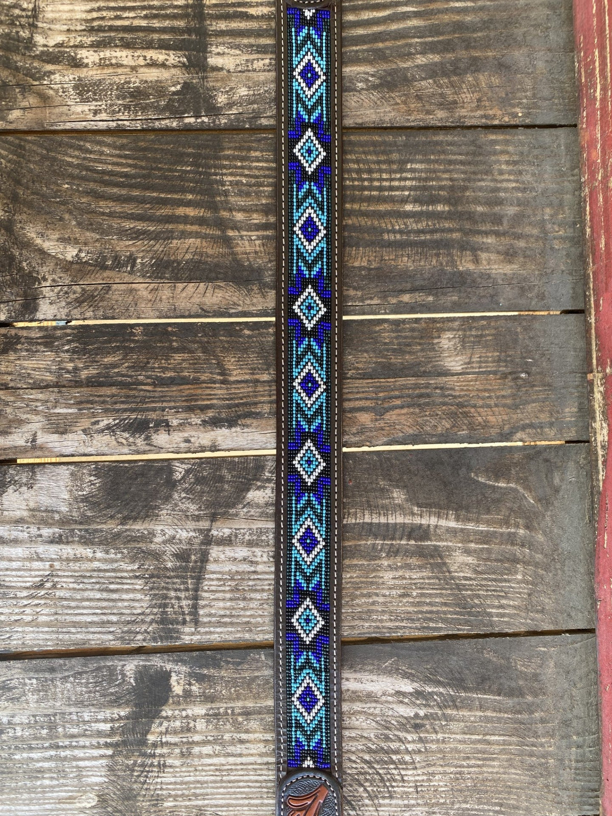 Men's Aztec Beaded Two-Tone Tooled Leather Belt