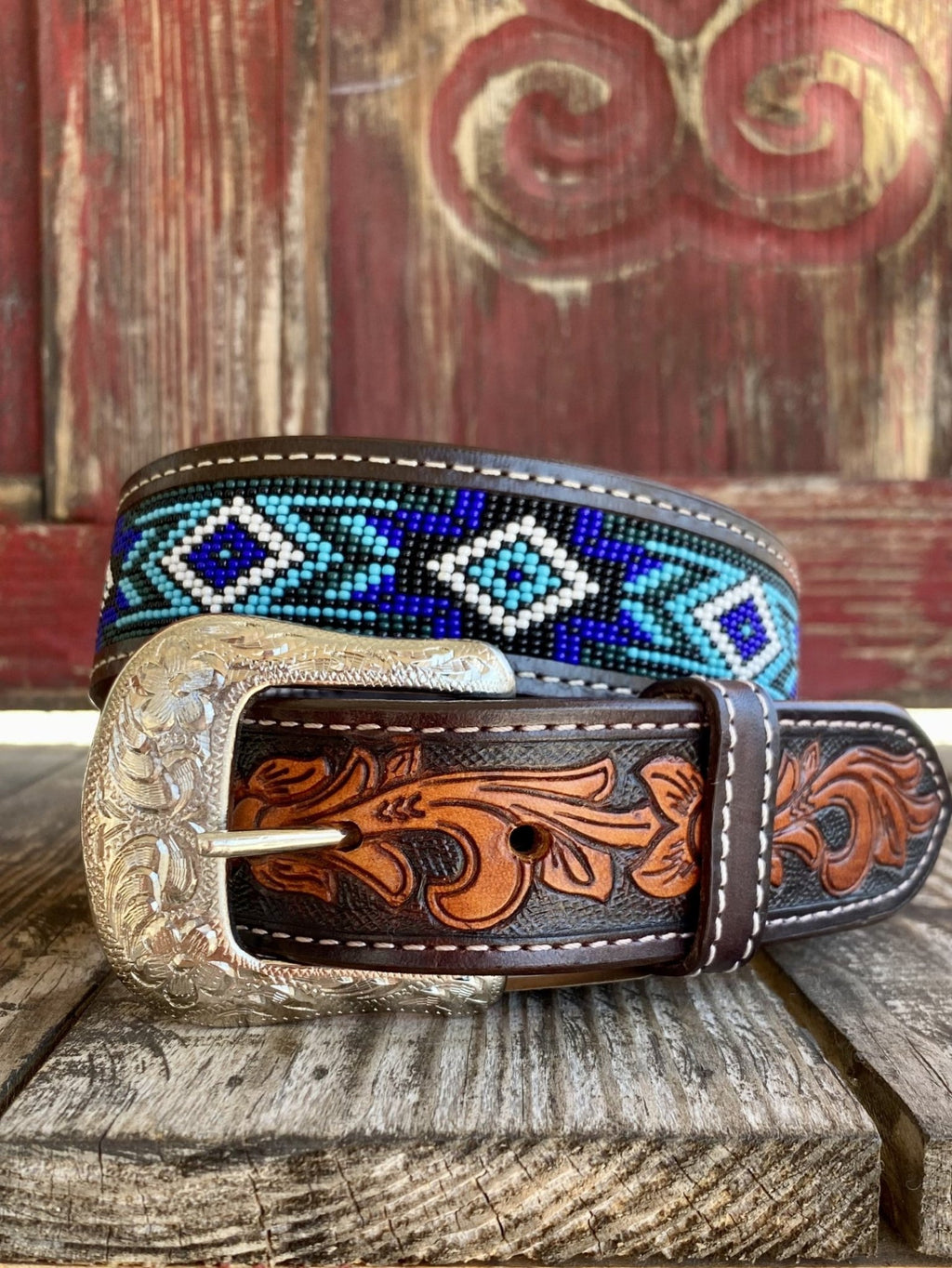 Men's Aztec Beaded Two-Tone Tooled Leather Belt