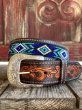Men's Aztec Beaded Two-Tone Tooled Leather Belt