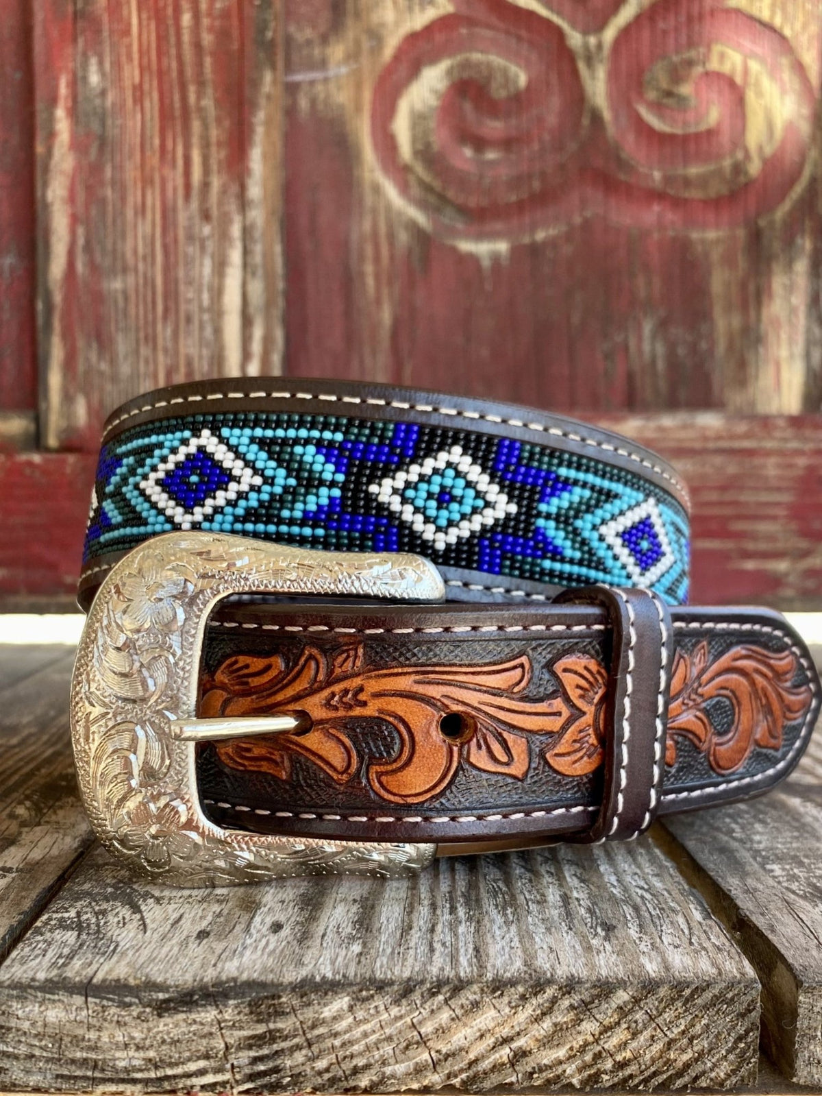 Men's Aztec Beaded Two-Tone Tooled Leather Belt