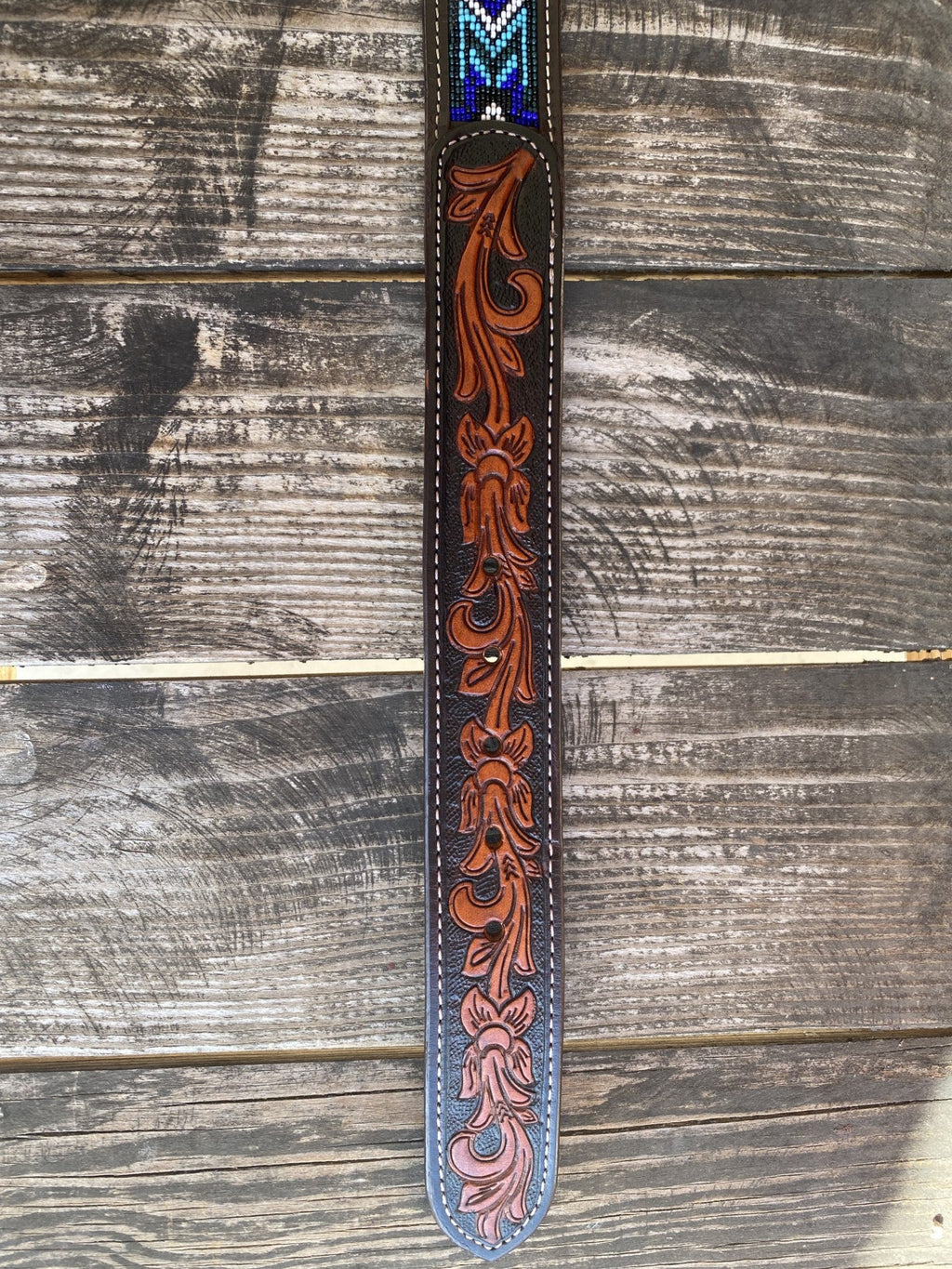 Men's Aztec Beaded Two-Tone Tooled Leather Belt