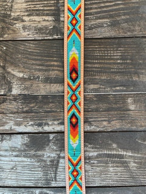 Men's Aztec Beaded Two-Tone Tooled Leather Belt