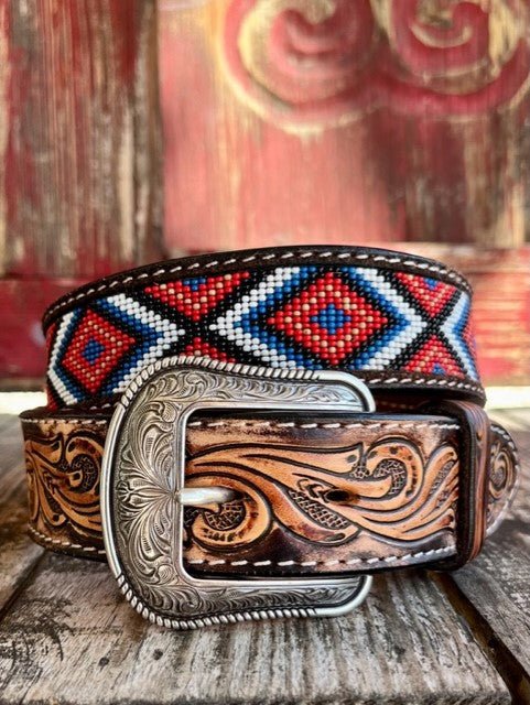 Men's Aztec Beaded Two-Tone Tooled Leather Belt