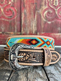 Men's Aztec Beaded Two-Tone Tooled Leather Belt