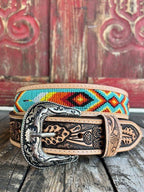 Men's Aztec Beaded Two-Tone Tooled Leather Belt