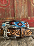 Men's Aztec Beaded Two-Tone Tooled Leather Belt