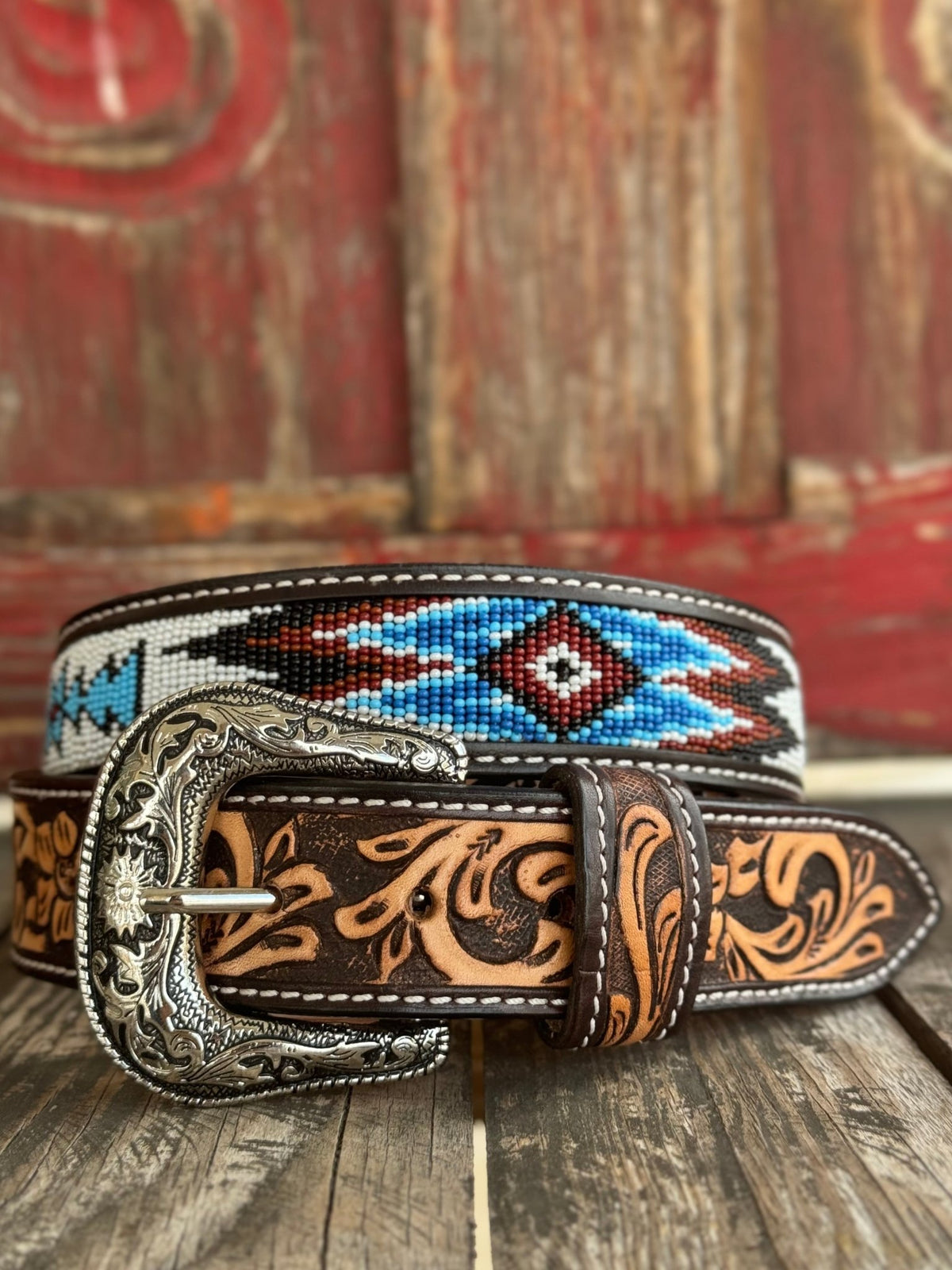 Men's Aztec Beaded Two-Tone Tooled Leather Belt
