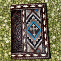 Men's Aztec Embroidery Cross Tooled Leather Trifold Wallet