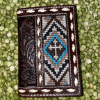 Men's Aztec Embroidery Cross Tooled Leather Trifold Wallet
