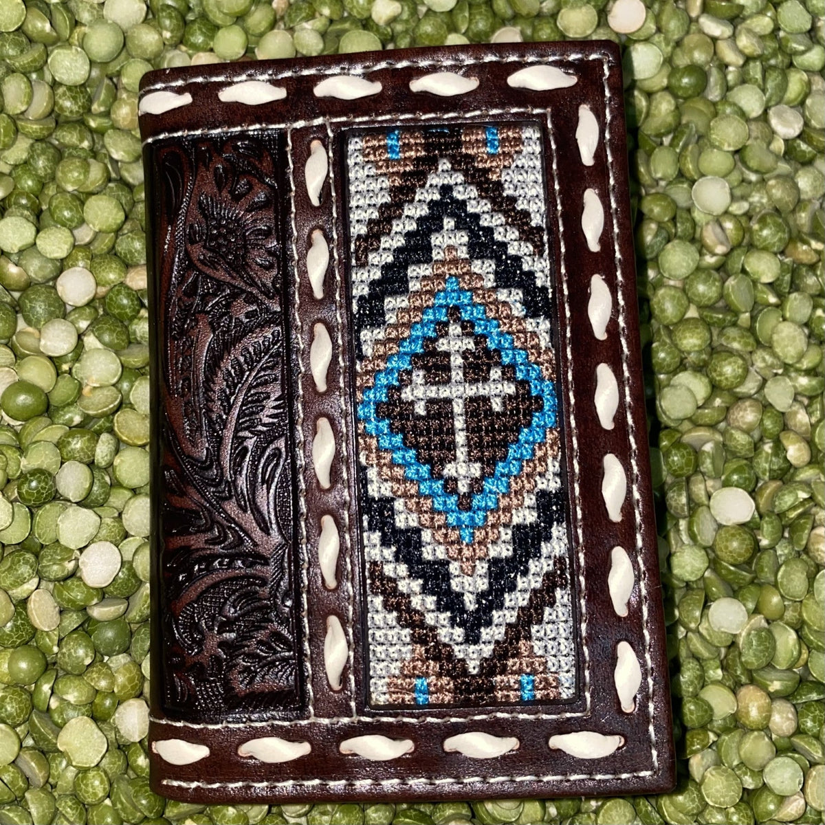 Men's Aztec Embroidery Cross Tooled Leather Trifold Wallet