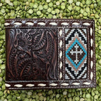 Men's Aztec-Inspired Embroidery Cross Tooled Leather Bifold Wallet