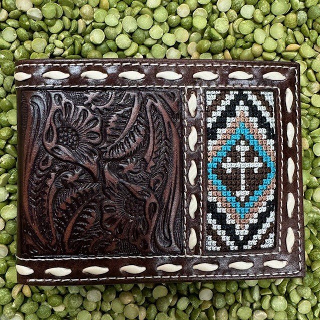 Men's Aztec-Inspired Embroidery Cross Tooled Leather Bifold Wallet