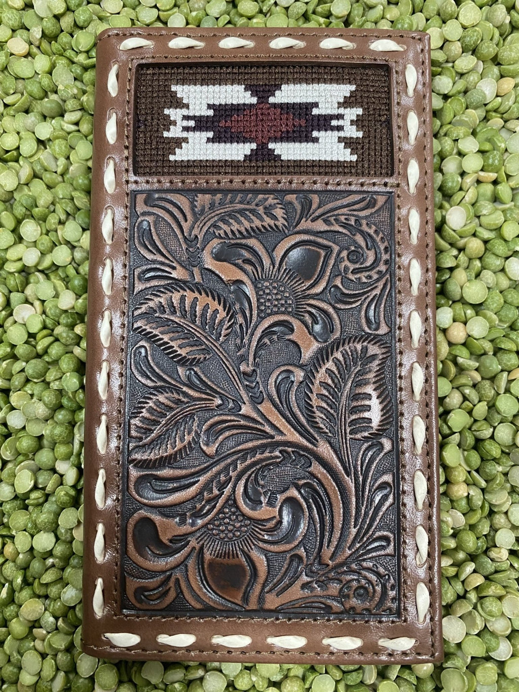 Men's Aztec Stitch Tooled Leather Checkbook Wallet