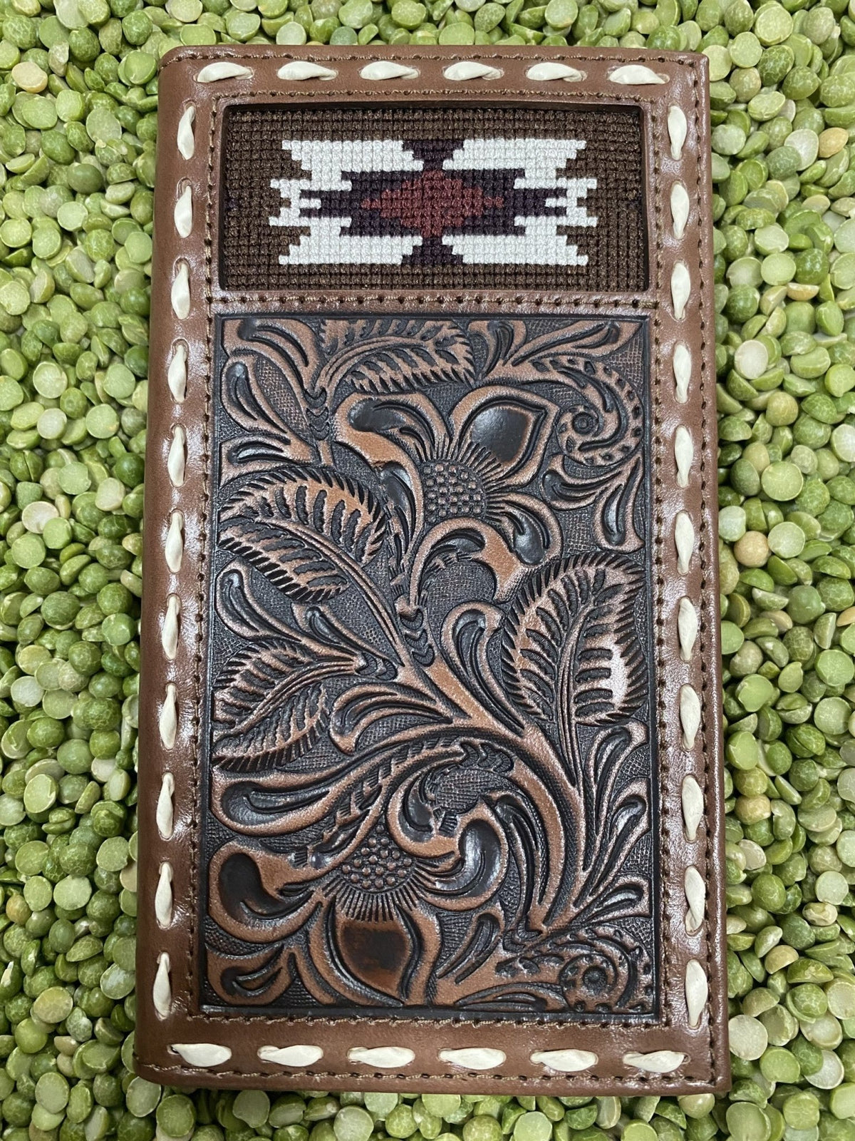 Men's Aztec Stitch Tooled Leather Checkbook Wallet