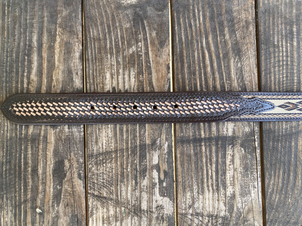 Men's Aztec Woven Basket Weave Tooled Leather Belt