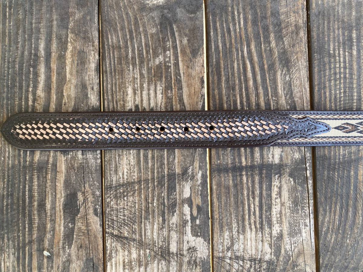Men's Aztec Woven Basket Weave Tooled Leather Belt